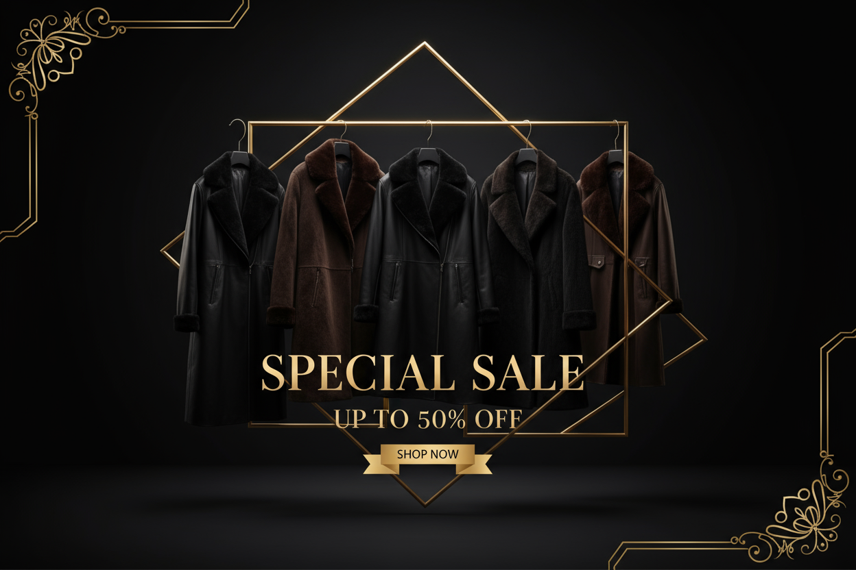 Luxury black and gold fashion banner for Shopify store, featuring stylish leather jackets and winter coats, elegant typography saying ‘Special Sale – Up to 50% Off’, minimal modern design, dark background with soft lighting, high-end boutique aesthetic, 

🌸 2. Chic Women’s Collection